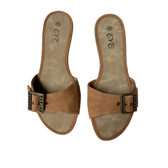Eve Buckle Sandal Slides Low Heel Camel Color Size 10 - Picture 12 of 15